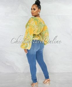 Vendor-unknown Becher Yellow Leaf Print Bubble Sleeves Wrap Top JUST IN