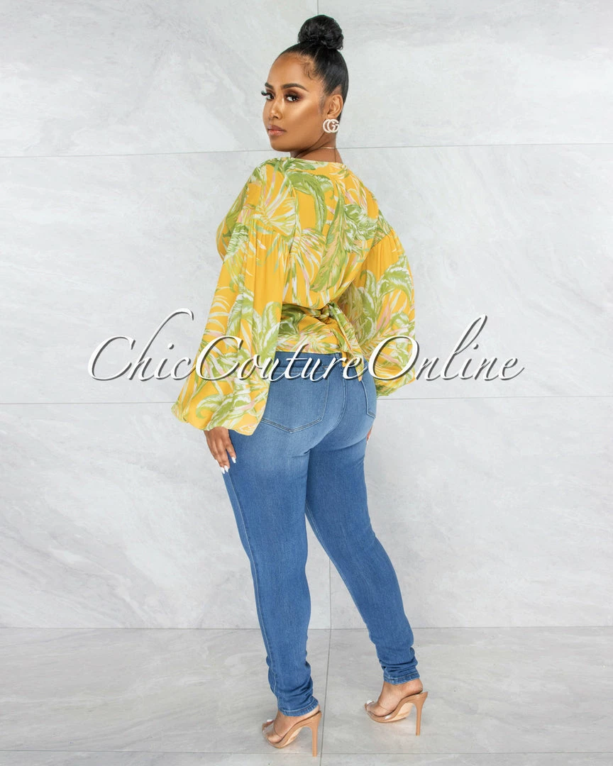 Vendor-unknown Becher Yellow Leaf Print Bubble Sleeves Wrap Top JUST IN