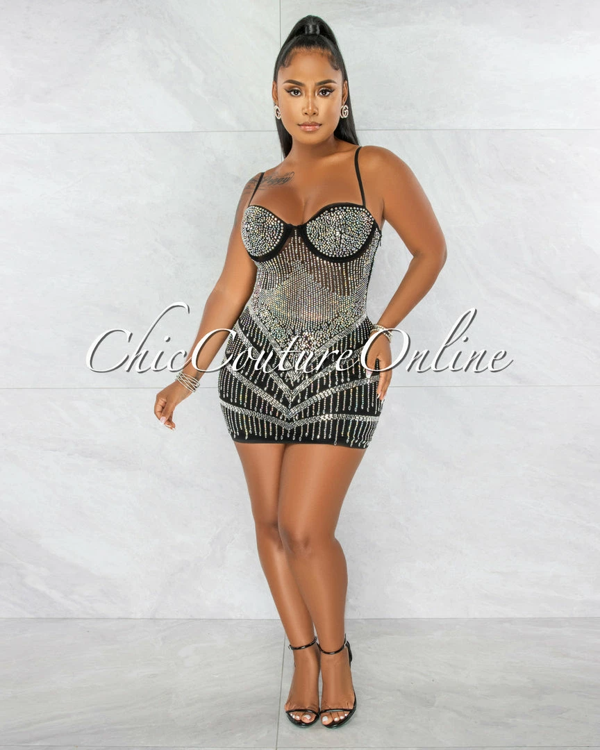 Chic Couture Online Genesis Black Silver Rhinestones Sheer Mini Dress JUST IN