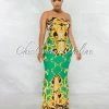 Chic Couture Online Veneca Green Multi-Color Print Lace-Up Back Maxi Dress JUST IN