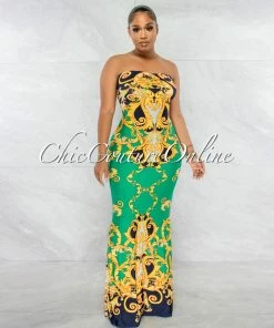 Chic Couture Online Veneca Green Multi-Color Print Lace-Up Back Maxi Dress JUST IN