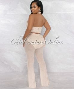 Vendor-unknown Kaimi Nude Mesh Pearl Top & Pants Set