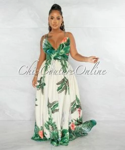 Chic Couture Online Barret Ivory Green Leaf Print Cut-Out Maxi Dress