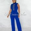 Chic Couture Online Brandy Royal Blue Gold Link Lace-Up Jumpsuit