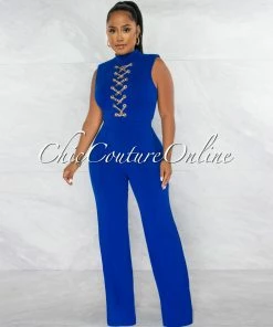 Chic Couture Online Brandy Royal Blue Gold Link Lace-Up Jumpsuit
