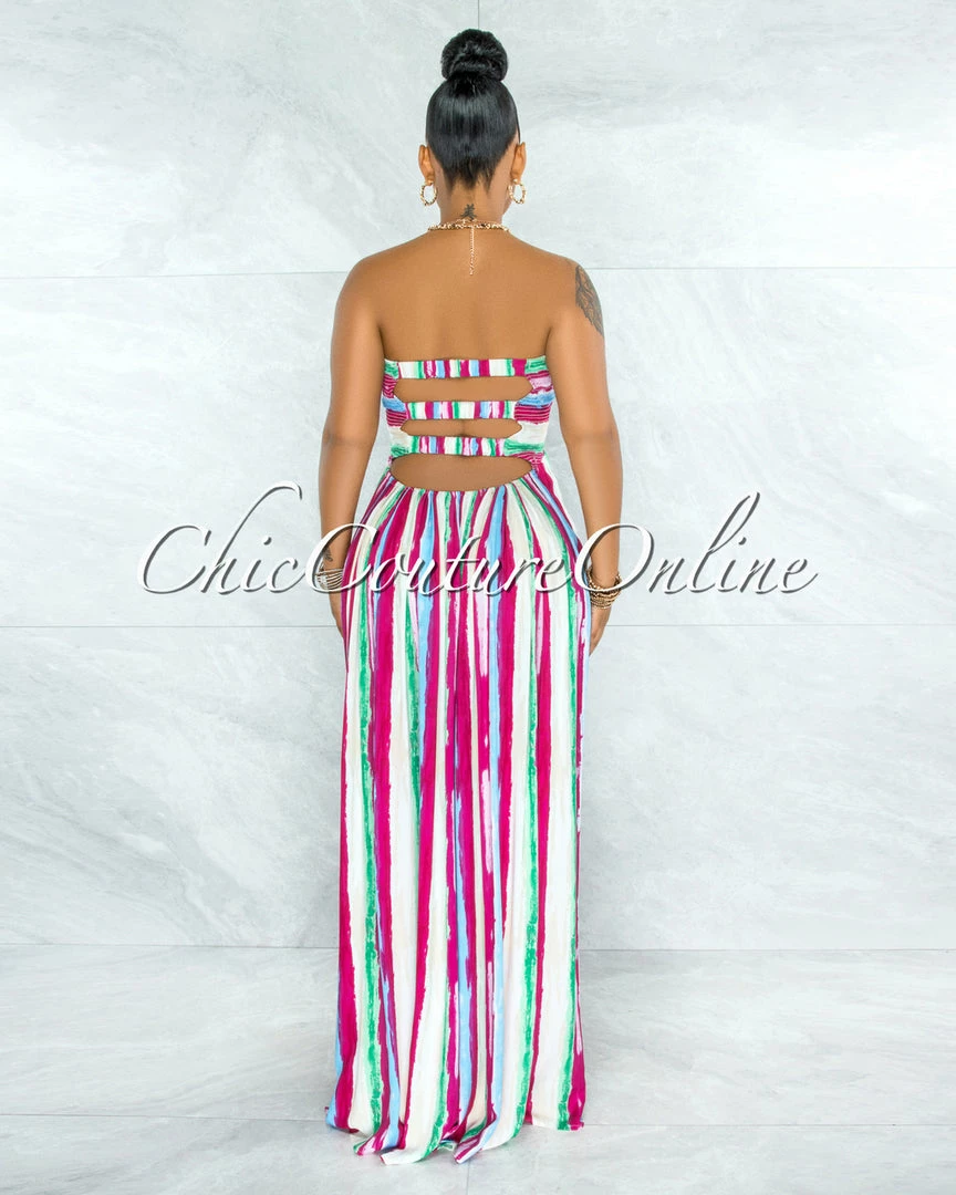 Vendor-unknown Gardner Fuchsia Green Stripes Smocked Strappy Back Maxi Dress JUST IN