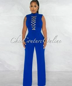 Chic Couture Online Brandy Royal Blue Gold Link Lace-Up Jumpsuit