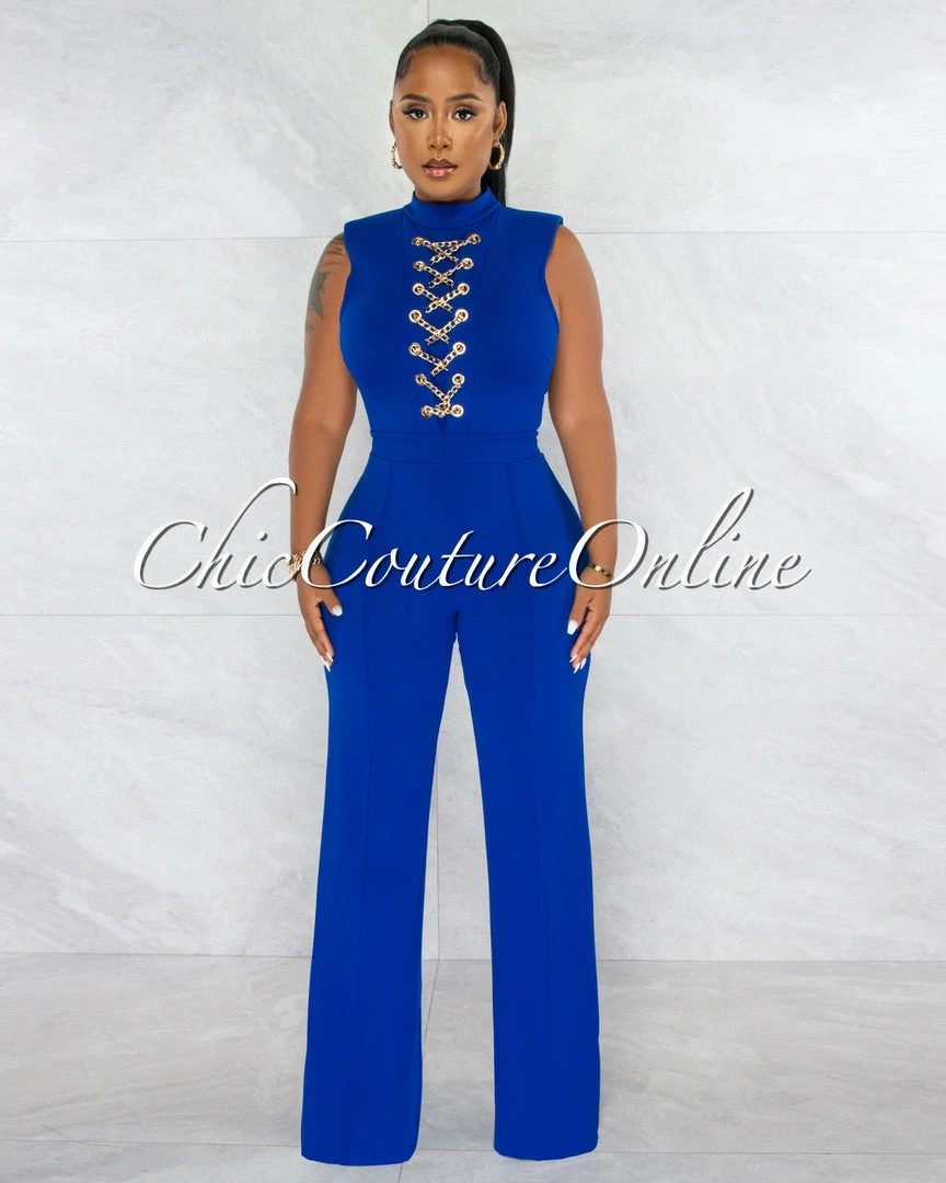 Chic Couture Online Brandy Royal Blue Gold Link Lace-Up Jumpsuit