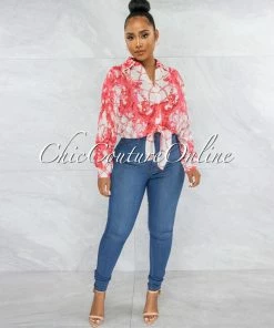Vendor-unknown Cinthia White Pink Print Buttoned Tie Blouse
