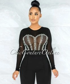 Vendor-unknown JUST IN Perlie Black Mesh Iridescent Rhinestones & Pearls Bodysuit