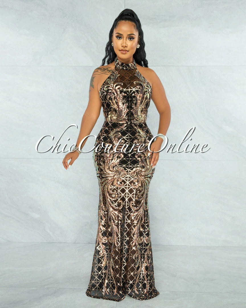Vendor-unknown JUST IN Maria Black Rose Gold Iridescent Sequins Halter Maxi Dress