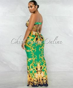 Chic Couture Online Veneca Green Multi-Color Print Lace-Up Back Maxi Dress JUST IN