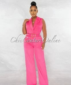 Chic Couture Online Jared Hot Pink Croc Gold Link Belt Luxe Jumpsuit