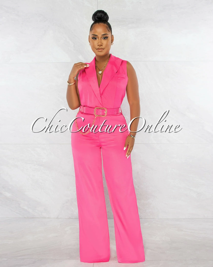 Chic Couture Online Jared Hot Pink Croc Gold Link Belt Luxe Jumpsuit