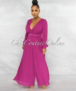 Vendor-unknown Ciqala Magenta Square Belt Pleated Jumpsuit JUST IN