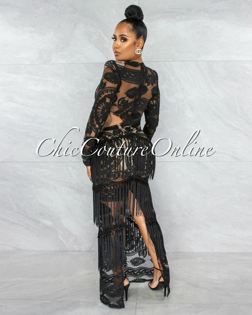 Vendor-unknown JUST IN Nissan Black Nude Illusion Crochet Fringe Maxi Dress