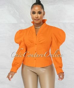 Vendor-unknown Presencia Orange Buttons Bubble Sleeves Shirt