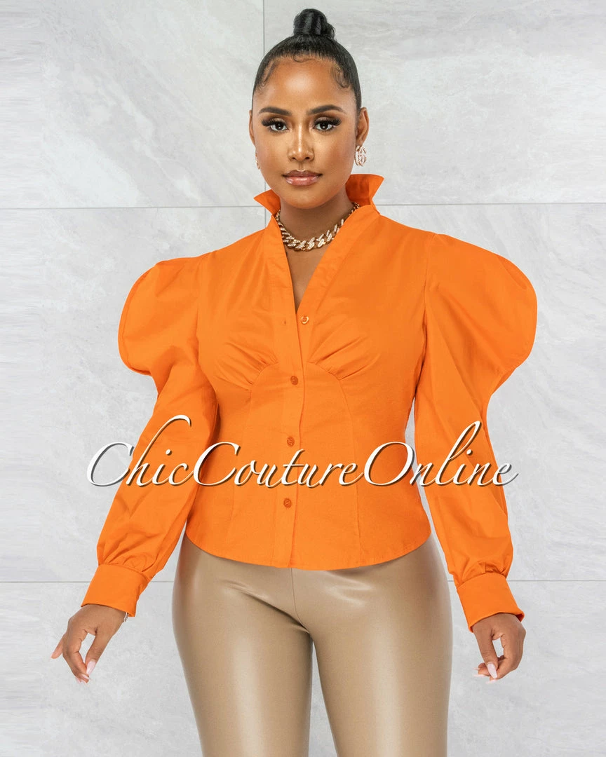 Vendor-unknown Presencia Orange Buttons Bubble Sleeves Shirt