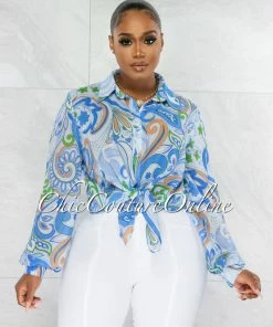 Chic Couture Online JUST IN Corolla Baby Blue Print Buttoned Semi-Sheer Blouse