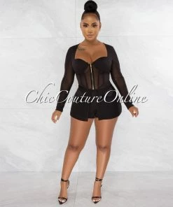 Chic Couture Online JUST IN Priyah Black Long Peplum Mesh Top & Shorts Set