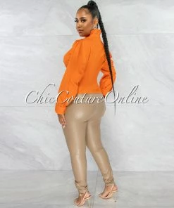Vendor-unknown Presencia Orange Buttons Bubble Sleeves Shirt