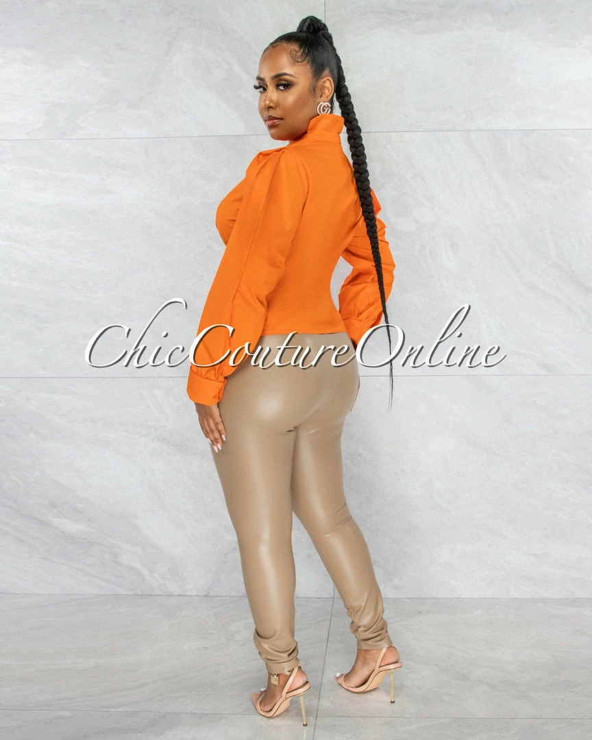 Vendor-unknown Presencia Orange Buttons Bubble Sleeves Shirt