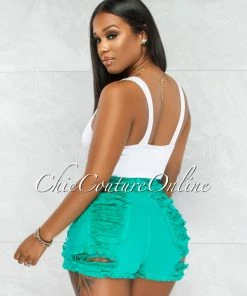 Vendor-unknown Pamelah Green Denim Distressed Shorts