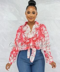 Vendor-unknown Cinthia White Pink Print Buttoned Tie Blouse