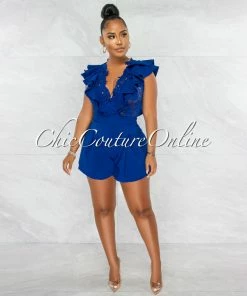 Chic Couture Online Hayley Royal Blue Crochet Lace Ruffle Flutter Romper JUST IN