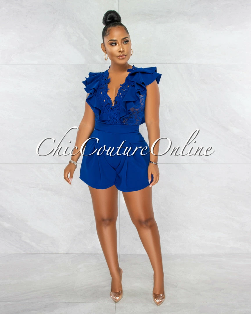 Chic Couture Online Hayley Royal Blue Crochet Lace Ruffle Flutter Romper JUST IN