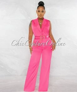 Chic Couture Online Jared Hot Pink Croc Gold Link Belt Luxe Jumpsuit
