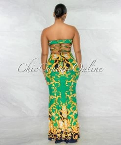 Chic Couture Online Veneca Green Multi-Color Print Lace-Up Back Maxi Dress JUST IN