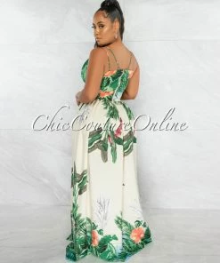 Chic Couture Online Barret Ivory Green Leaf Print Cut-Out Maxi Dress