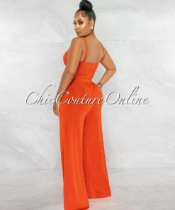 Chic Couture Online JUST IN Arabella Orange Knot Crop Top & Wide Pants Shimmer Set