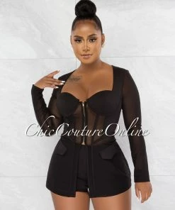 Chic Couture Online JUST IN Priyah Black Long Peplum Mesh Top & Shorts Set