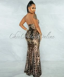 Vendor-unknown JUST IN Maria Black Rose Gold Iridescent Sequins Halter Maxi Dress
