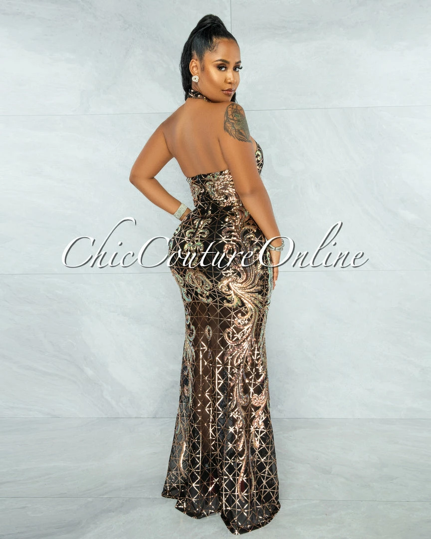 Vendor-unknown JUST IN Maria Black Rose Gold Iridescent Sequins Halter Maxi Dress