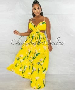 Chic Couture Online JUST IN Megan Yellow Leaf Print Cut-Out Pleated Maxi Dress