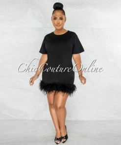 Chic Couture Online Torina Black Feathers Hem Shirt Dress JUST IN