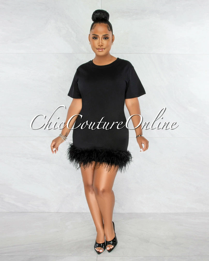 Chic Couture Online Torina Black Feathers Hem Shirt Dress JUST IN