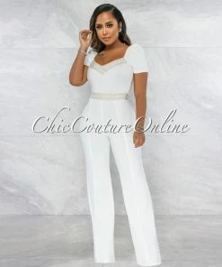 Vendor-unknown Andres Off-White Nude Fret Print Bubble Sleeves Jumpsuit