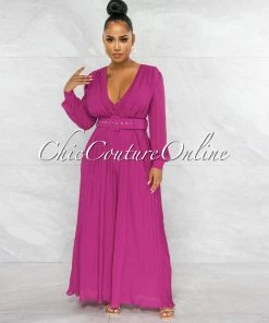 Vendor-unknown Ciqala Magenta Square Belt Pleated Jumpsuit JUST IN