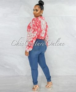 Vendor-unknown Cinthia White Pink Print Buttoned Tie Blouse