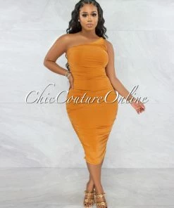 Chic Couture Online JUST IN Dolores Mango Ruched Single Shoulder Midi Dress