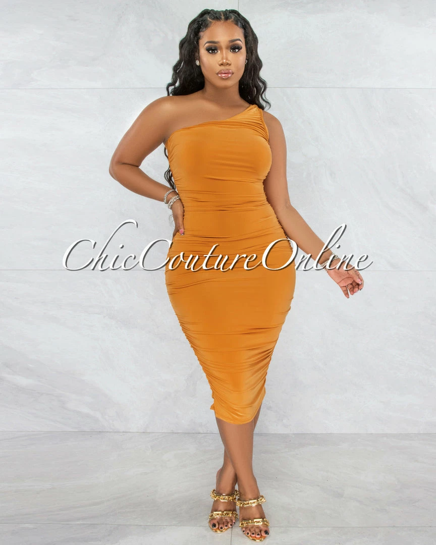 Chic Couture Online JUST IN Dolores Mango Ruched Single Shoulder Midi Dress