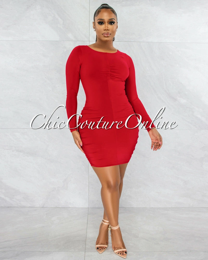 Vendor-unknown Darlene Red Drape Long Sleeves Double Lined Dress