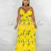 Chic Couture Online JUST IN Megan Yellow Leaf Print Cut-Out Pleated Maxi Dress
