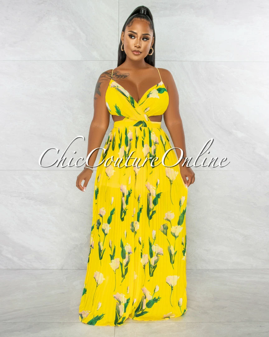 Chic Couture Online JUST IN Megan Yellow Leaf Print Cut-Out Pleated Maxi Dress