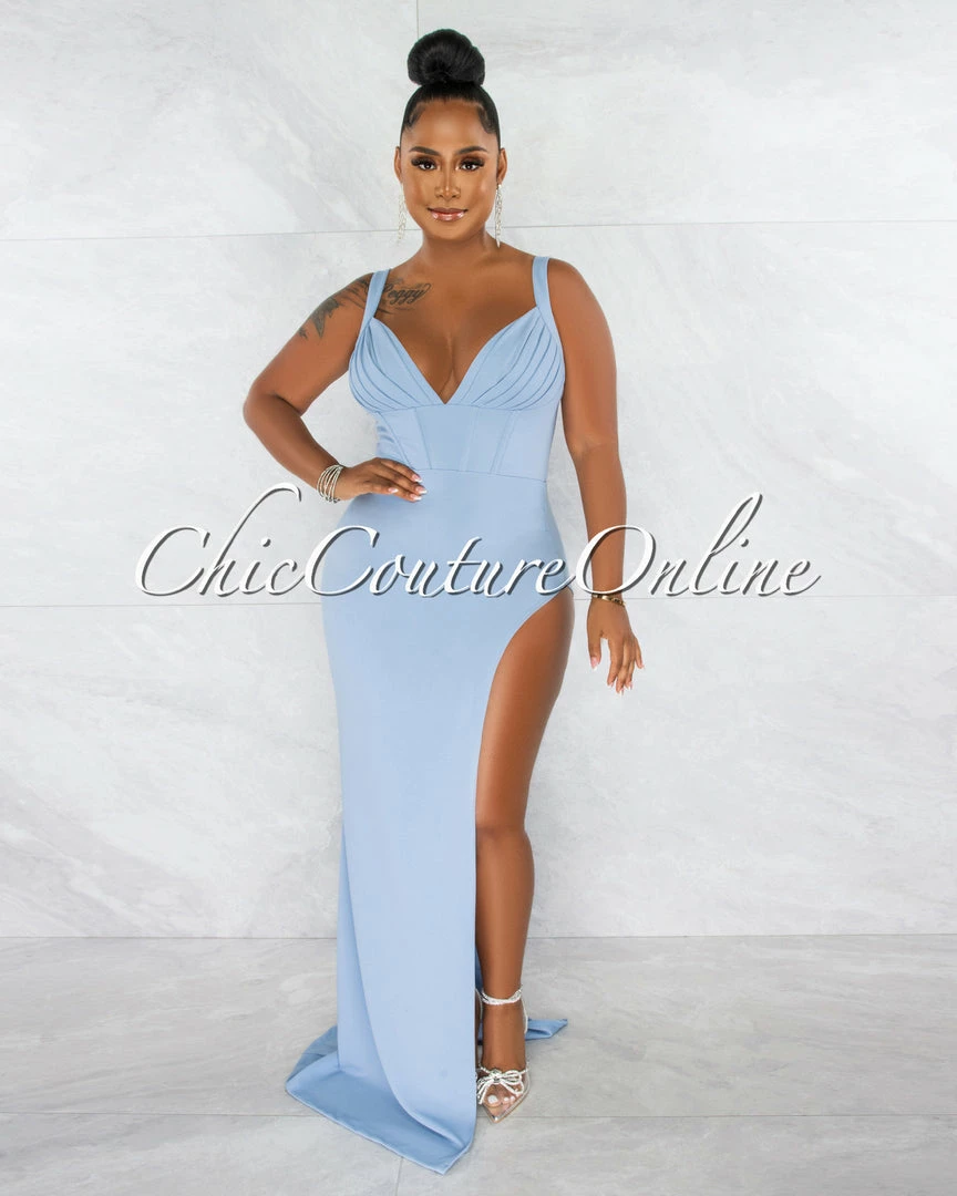 Chic Couture Online Haraly Sky Blue Pleated Bust Corset Draped Slit Maxi Dress JUST IN