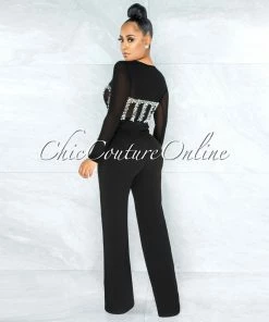 Vendor-unknown JUST IN Perlie Black Mesh Iridescent Rhinestones & Pearls Bodysuit